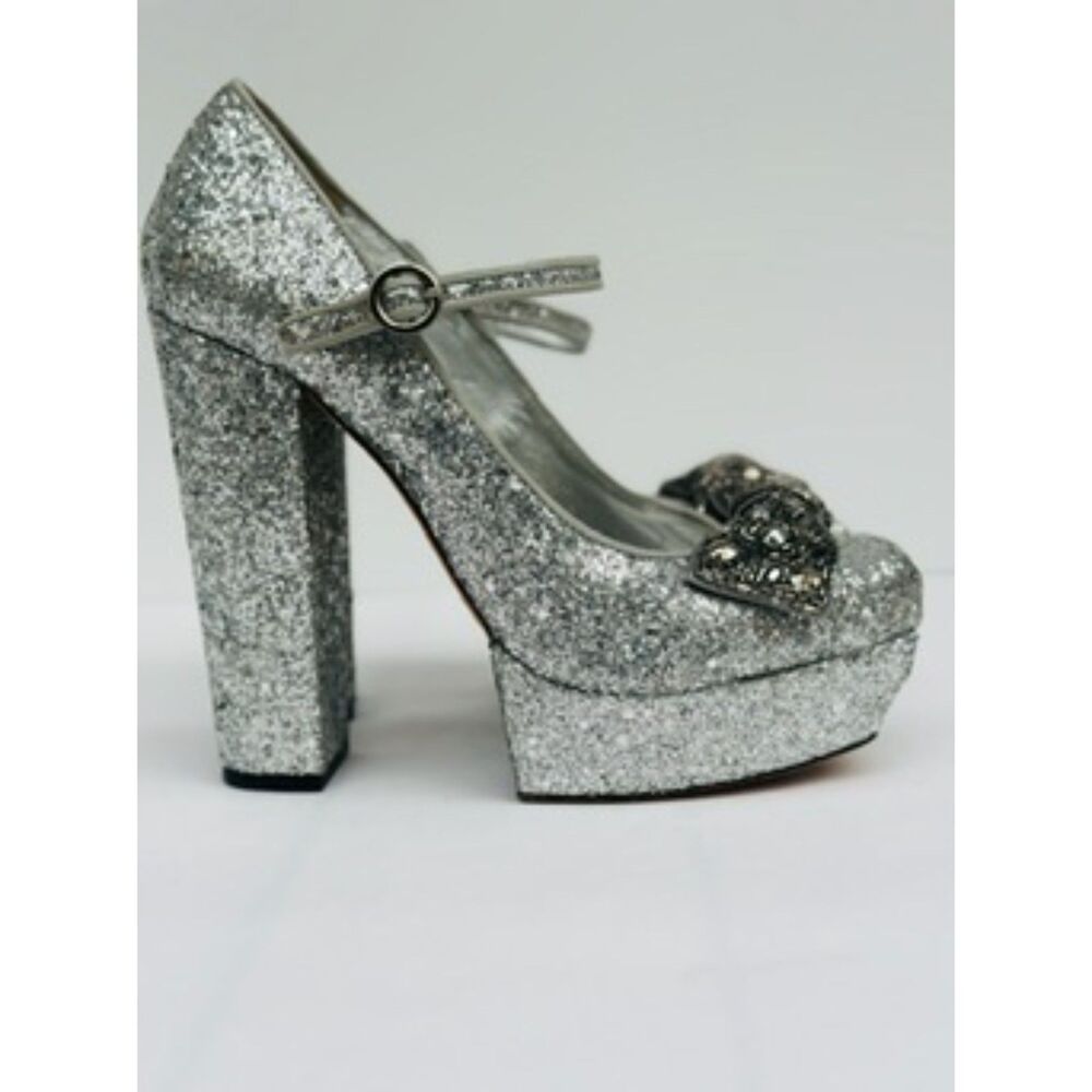 Alice + Olivia Silver Glitter Platform Heels Size 39 Beaded Bow Pumps